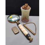 ONYX TABLE LIGHTER AND BONE HANDLED MAGNIFYING GLASS PLUS BRASS VESTA CASE AND WHISTLE