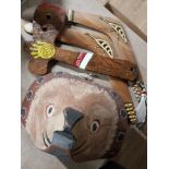 2 WOODEN AUSTRALIAN BOOMERANGS TOGETHER WITH 2 WALL HANGINGS TOMAHAWK AND KOALA MASK