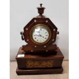 GREENWOOD AND SONS MAHOGANY MANTLE CLOCK WITH MOTHER OF PEARL INLAY AND BRASS DIAL