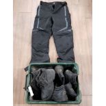BOX CONTAINING WORKBOOTS SIZES 6 AND 7 PLUS PAIR OF VIPER MOTORBIKE PANTS SIZE MEDIUM