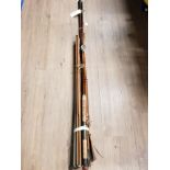 BUNDLE OF FISHING RODS INCLUDING BAMBOO BUTT LANCE WOOD TOP ROD AND MAIASEER RODS PLUS 2 VINTAGE