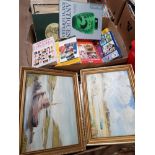 2 BOXES CONTAINING HARDBACK BOOKS MAINLY MILLERS ANTIQUE PRICE GUIDES PLUS PAINTINGS AND PRINTS