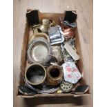 A BOX CONTAINING BRASS COPPER AND SILVER PLATED ITEMS