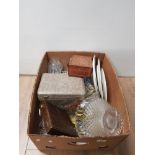 A BOX OF MISCELLANEOUS INC CARVED JEWELLERY BOX GLASSWARE ETC