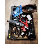BOX OF MAINLY ELECTRICAL SUNDRIES TOGETHER WITH HEAT GUN AND JUMP LEADS