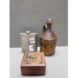 3 ITEMS SUCH AS A VINTAGE NEATSFOOT OIL CAN CARVED TRINKET BOX AND PEWTER FLASK