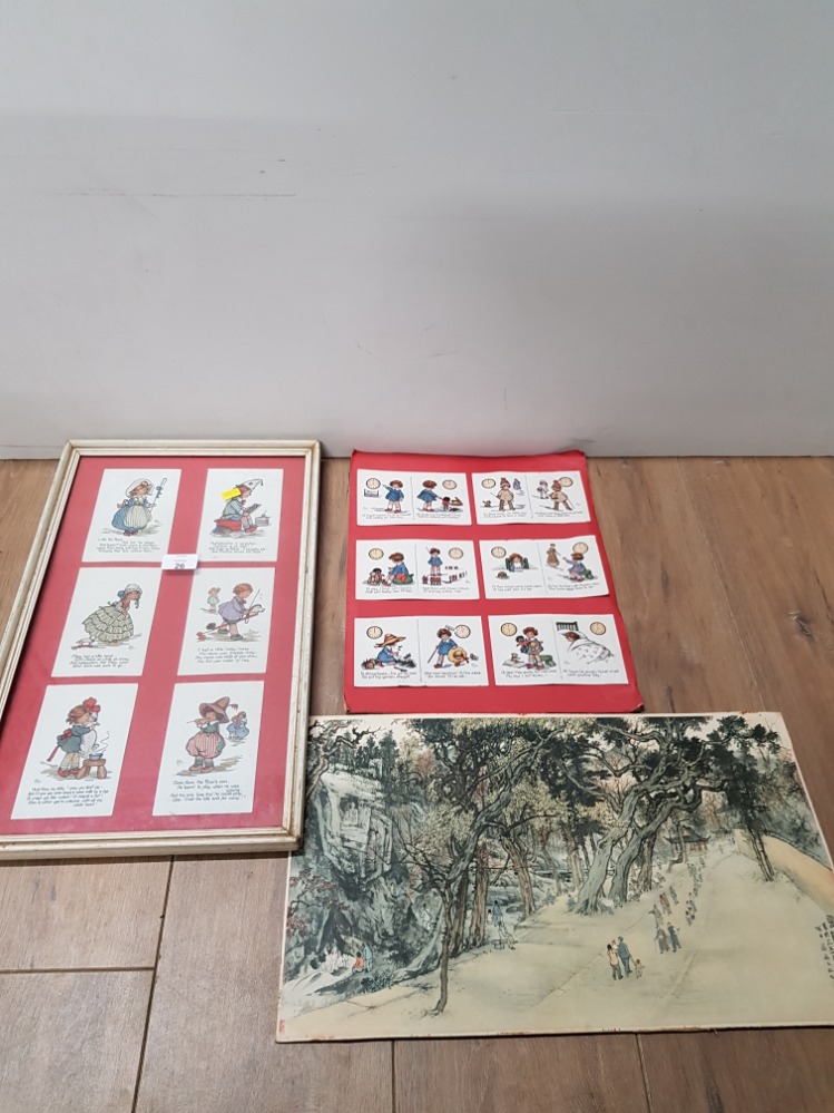 A FRAMED SET OF VINTAGE NOVELTY HUMMEL FIGURE POST CARDS TOGETHER WITH 2 OTHERS