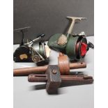 BERLIN WEST FISHING REEL AND CANON SHAW 600 REEL PLUS 2 VINTAGE MARKING GAUGES LEVELS ONE BY W AND G