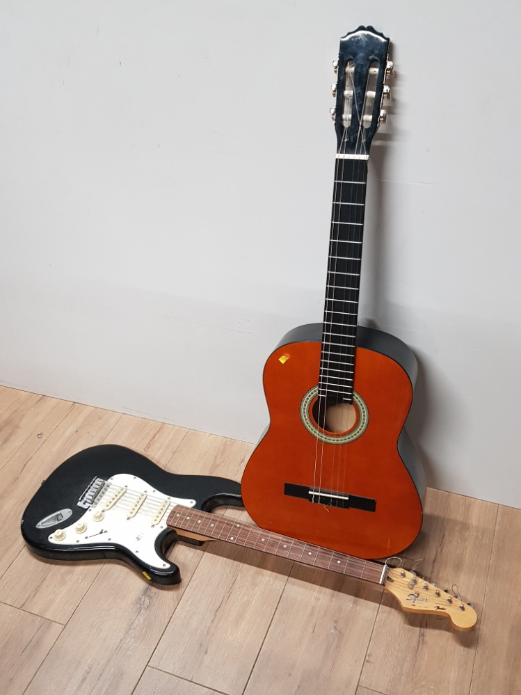 MESSINA ACOUSTIC GUITAR IN CARRY CASE AND ELECTRIC FENDER GUITAR