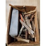 A BOX OF ASSORTED TOOLS INC HAMMERS ETC