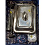 TRAY CONTAINING SILVER PLATED SERVING DISH AND PAIR OF MIDDLE EASTERN WHITE METAL VASES PLUS CHINESE