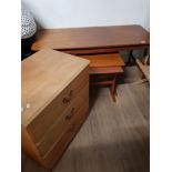RECTANGULAR SHAPED DANISH TEAK COFFEE TABLE AND MATCHING NEST OF 2 TABLES PLUS 3 DRAWER TEAK CHEST