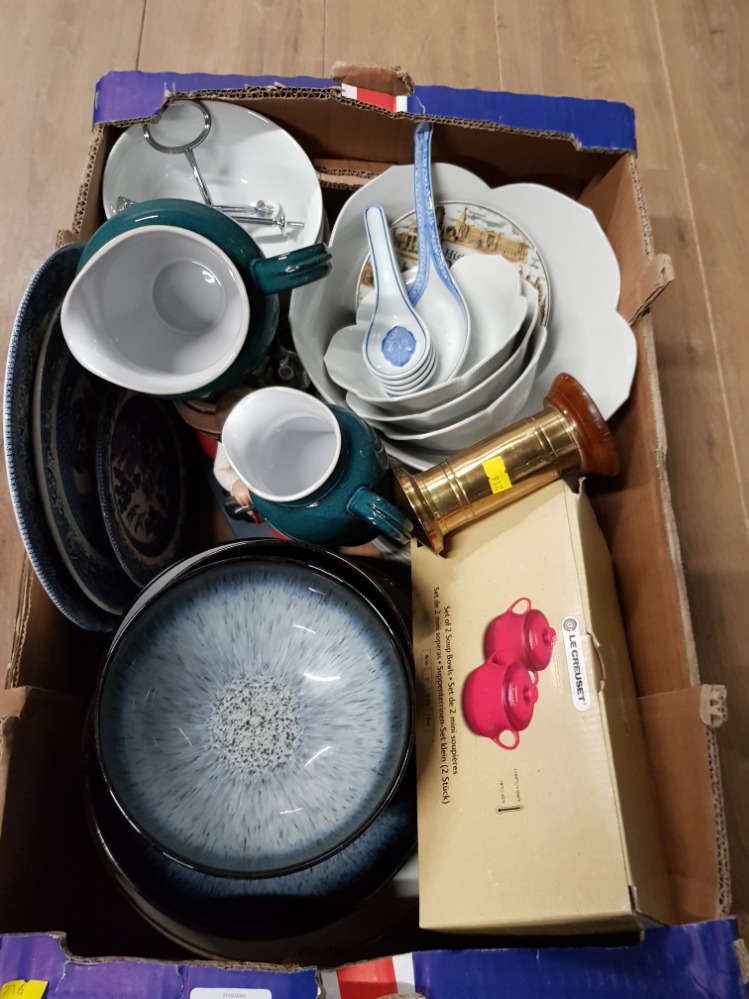 A BOX OF MISCELLANEOUS INCLUDES DENBY AND LE CREUSET 2 PIECE SET STILL BOXED