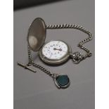 SWISS MADE WHITE METAL RNIB POCKET WATCH WITH FOB AND CHAIN