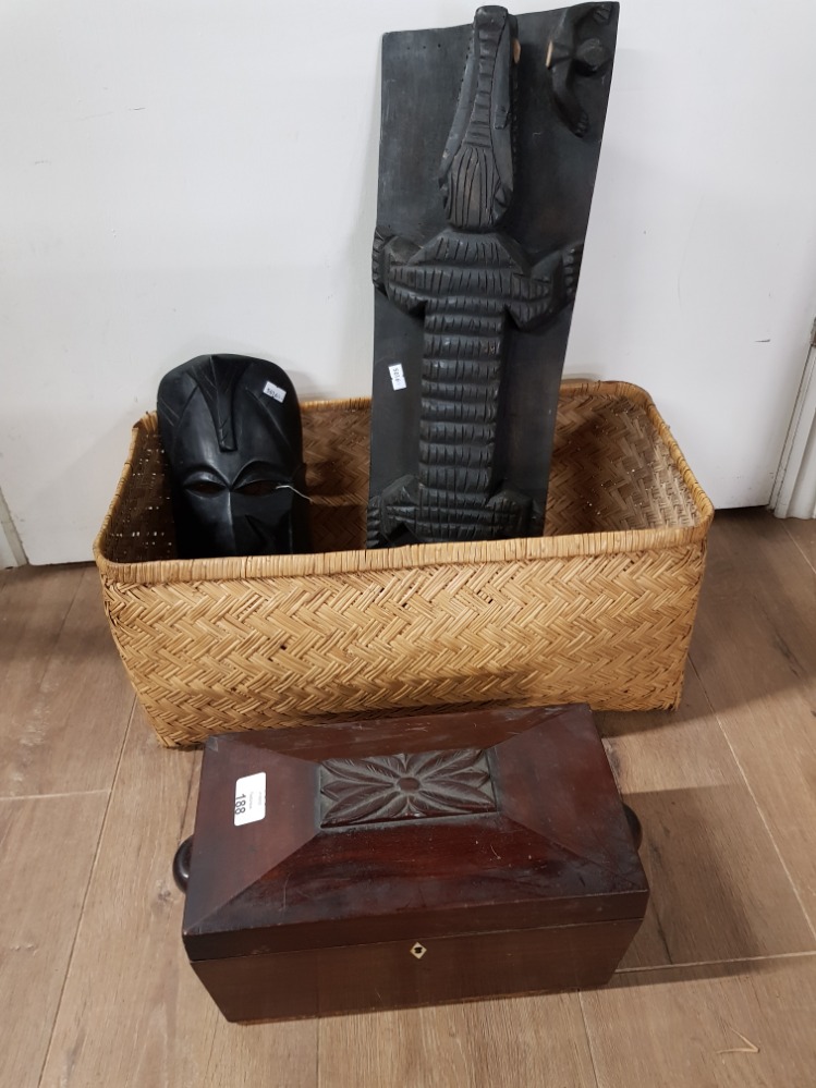 BASKET WITH AFRICAN CARVINGS AND TEA CADDY