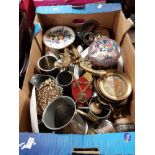 LARGE BOX POTTERY METAL WARE INCLUDING PEWTER AND BRASS