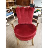 OAK FRAMED BENTWOOD BEDROOM CHAIR WITH RED UPHOLSTERED FABRIC