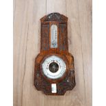 ARTS AND CRAFTS CARVED OAK BAROMETER/THERMOMETER