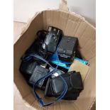 A BOX CONTAINING ASSORTED CAMERAS INC OLYMPUS ETC