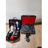 GPO PORTABLE RECORD TURNTABLE TOGETHER WITH A BAG CONSISTING DEICER BRAKE FLUID ETC