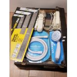 BOX CONTAINING OFFICE PHONES AND SHOWER ACCESSORIES ALSO INCLUDES WORK ZONE 3 PIECE SQUARE RULE SET