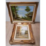 2 GILT FRAMED OIL ON BOARDS LAKE SCENE AND MOUNTAIN SCENE SIGNED GRADY