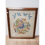 EDWARDIAN OAK FRAMED TAPESTRY WALL HANGING WITH FLORAL AND BIRD DECORATION