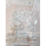 BOX OF CLEAR GLASS DRINKING GLASSES MAINLY WINE AND CHAMPAGNE FLUTES