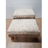 2 UPHOLSTERED STUDDED AND FRINGED FOOTSTOOLS