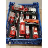 CRATE CONTAINING A LARGE QUANTITY OF DIE CAST FIRE ENGINES ON STANDS