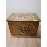 VINTAGE COAL/LOG BOX WITH EMBOSSED BRASS OVERLAY