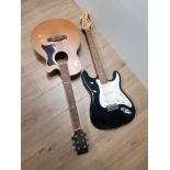 TANGLEWOOD ACOUSTIC GUITAR TOGETHER WITH BLACK AND WHITE ELECTRIC GUITAR