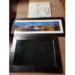 3 WALL PIECES INCLUDES FRAMED LEATHERETTE MIRROR AND MODERN PRINT OF THE QUAYSIDE PLUS BUDDHA