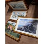 2 GILT FRAMED LIMITED EDITION PRINTS SIGNED BY JOHN J KERR PLUS OIL ON CANVAS AND TRAIN PICTURE
