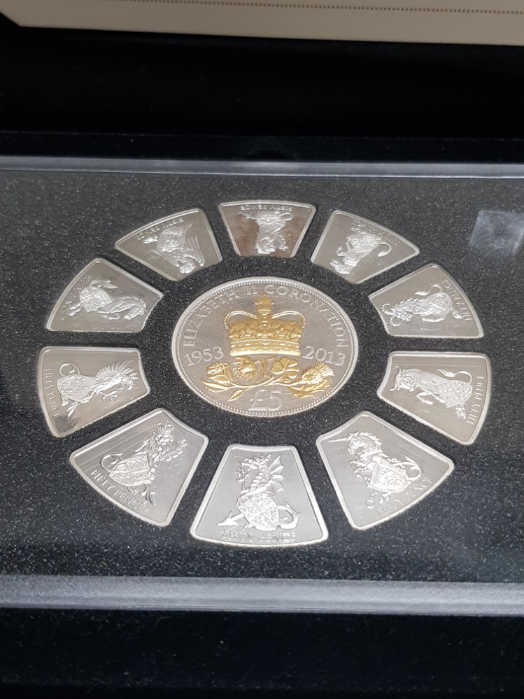 2013 JERSEY SILVER 50 PENCES AND 5 POUND CORONATION COIN SET IN ORIGINAL PRESENTATION CASE WITH