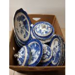 A BOX OF REAL OLD WILLOW BLUE AND WHITE DINNER WARE INCLUDES TUREENS