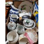 A BOX OF MISCELLANEOUS INC ALLERTON BLUE AND WHITE WATER JUG ETC