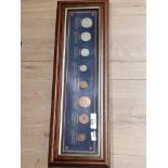 FRAMED COLLECTION OF PRE DECIMAL COINS INCLUDES HALF CROWN AND FLORIN