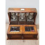 1800S VICTORIAN CARVED OAK 3 BOTTLE TANTALUS HUMIDOR WITH KEY
