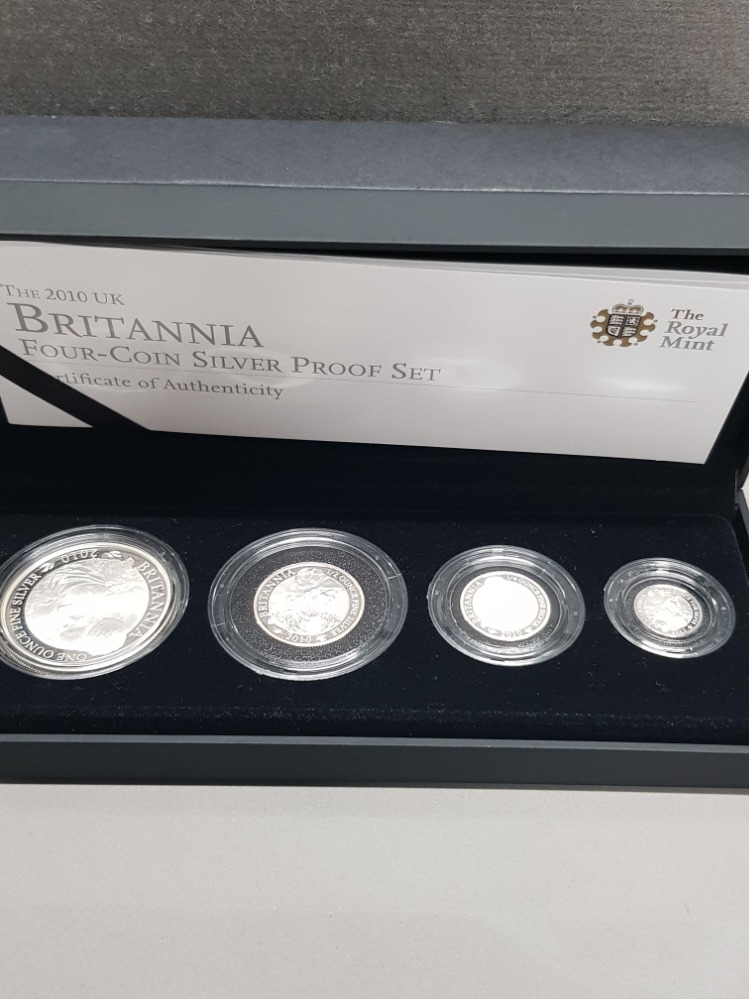 ROYAL MINT UK 2010 BRITANNIA 4 COIN SILVER PROOF SET IN ORIGINAL BOX WITH CERTIFICATE OF