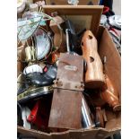 A BOX OF MISCELLANEOUS INC VINTAGE TURNED LAMP BASES DIGITAL PHOTO FRAME MOSLEY TIE PRESS ETC