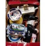 A BOX OF MISCELLANEOUS INC STAFFORDSHIRE STYLE TOBY JUG SWINE SIDE TEAPOT ETC