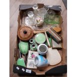 A BOX OF MISCELLANEOUS INC GLASS BRUSH AND MIRRORS ETC
