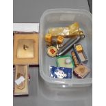 TUB CONTAINING STERLING SILVER BADGE AND PEN KNIVES ETC