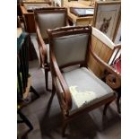 PAIR OF EDWARDIAN SCROLL ARM ELBOW CHAIRS