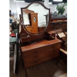 INLAID MAHOGANY DRESSING TABLE WITH SHIELD MIRROR AND BRASS SUPPORTS