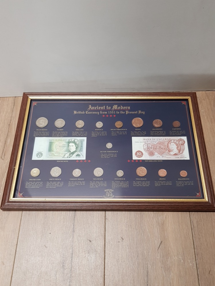 FRAMED ANCIENT TO MODERN BRITISH CURRENCY FROM 1551 TO THE PRESENT DAY COIN AND NOTE DISPLAY