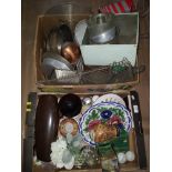 2 BOXES OF MISCELLANEOUS INC OLD POTS AND PANS GLASS POTTERY PORCELAIN ETC