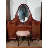 EDWARDIAN MAHOGANY DRESSING TABLE WITH SWIVEL BEVELLED EDGED MIRROR AND KIDNEY SHAPED STOOL