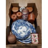 A BOX OF MISCELLANEOUS INC BLUE AND WHITE WOODS DINNER WARE SUCH AS MEAT PLATTERS ETC